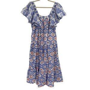 RO’S GARDEN Size Large Blue White Jenna Floral Midi Dress Tiered Ruffles